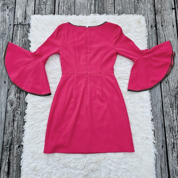 Pink Trina Turk Dress Bromely Size 2 Bright Stretch Flare Bell Sleeve Crop - Picture 9 of 10